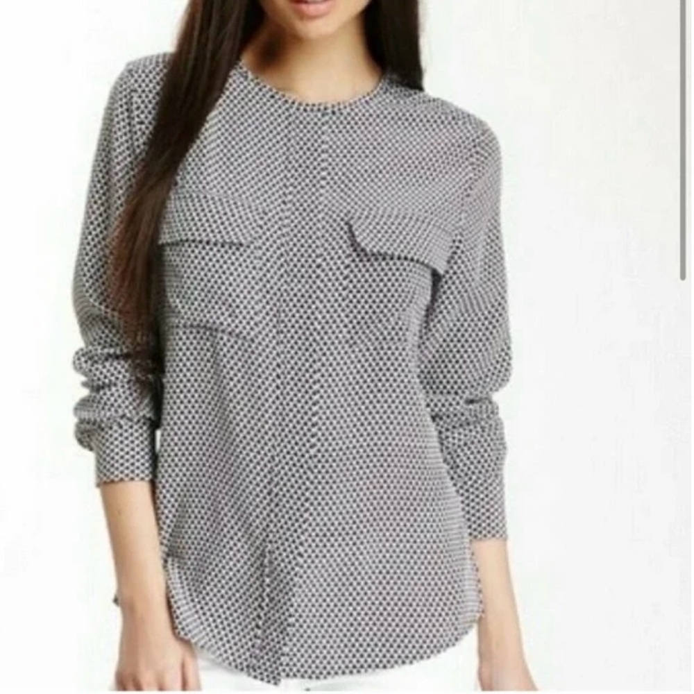 Equipment Womens Lynn Collarless Silk Blouse Sz Small Black White Button Up